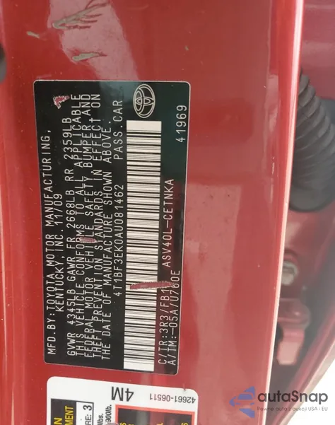 2010 Toyota Camry Base from USA, damaged, VIN 4T1BF3EK0AU081462